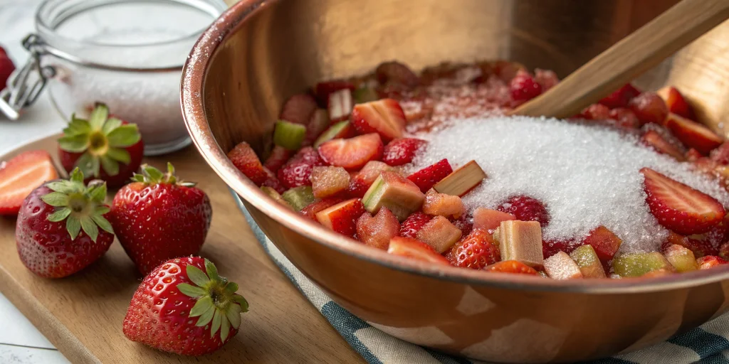 Close-up shot of fresh strawberries and chopped rhubarb pieces macerating with sugar in copper jam pan, crystalline sugar dis