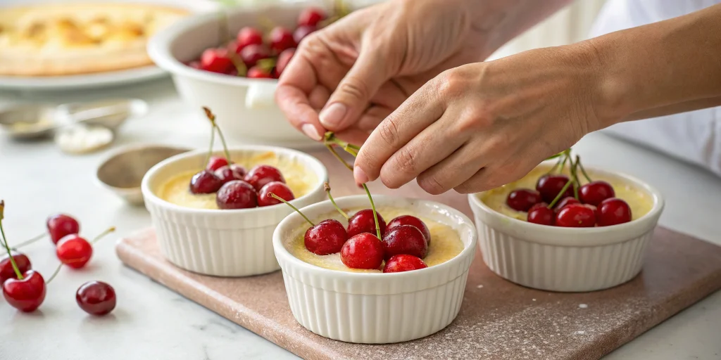 Close-up shot of hands placing fresh red cherries into buttered individual ramekins, preparation stage of mini clafoutis, kit