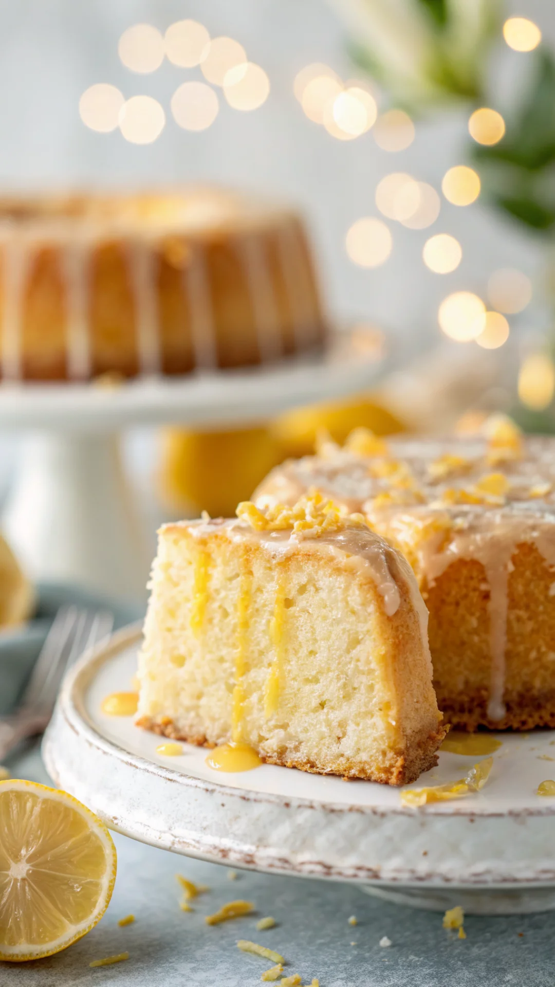 Close-up slice of moist fluffy lemon sablé cake with tangy citrus glaze dripping down sides, soft bokeh background