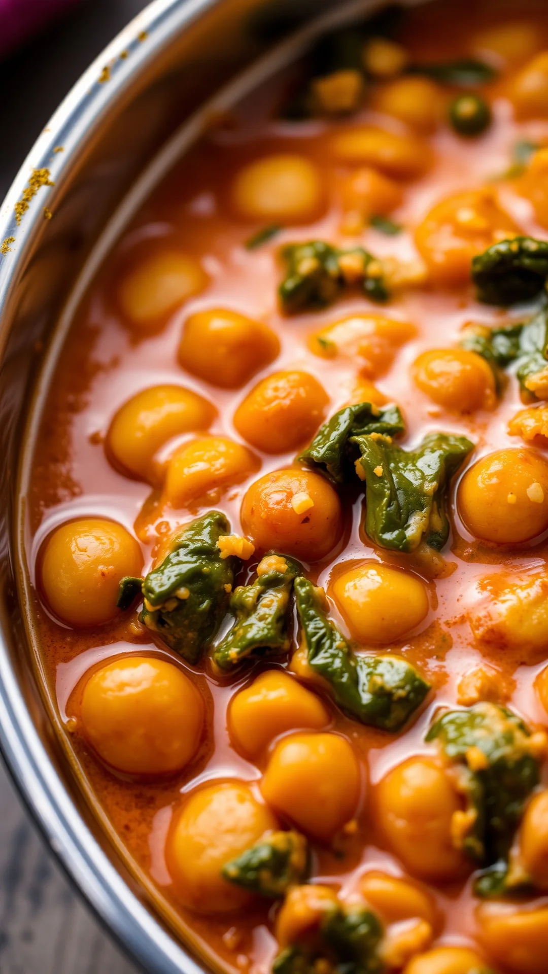 Close-up spicy Indian curry with chickpeas spinach coconut milk creamy texture vibrant colors food photography