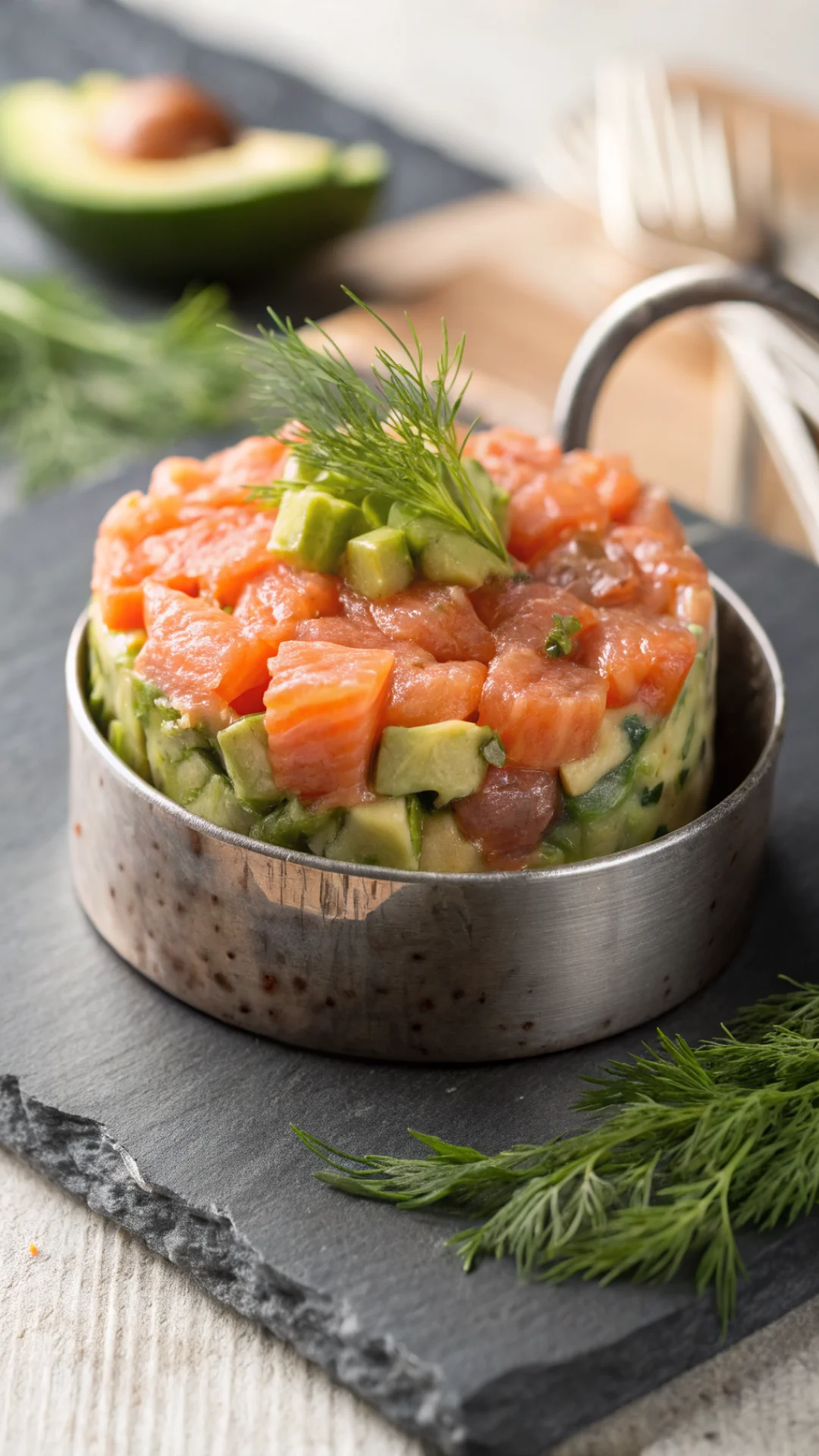 Close-up vertical photo of elegant salmon tartare with creamy avocado and fresh dill, served in a stainless steel ring mold o