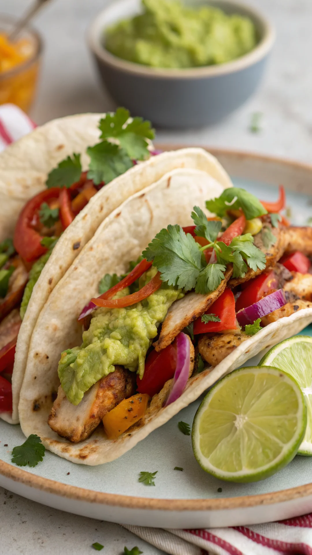 Close-up vertical portrait of chicken tacos with fresh guacamole, colorful toppings and cilantro in warm tortillas, vibrant a