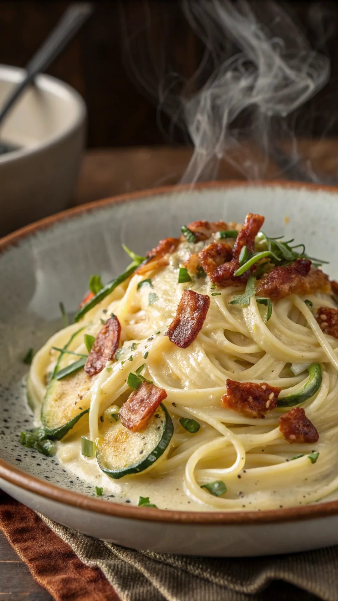 Close-up vertical portrait of creamy carbonara pasta with zucchini and crispy bacon, steaming hot, elegant rustic plate, 9:16