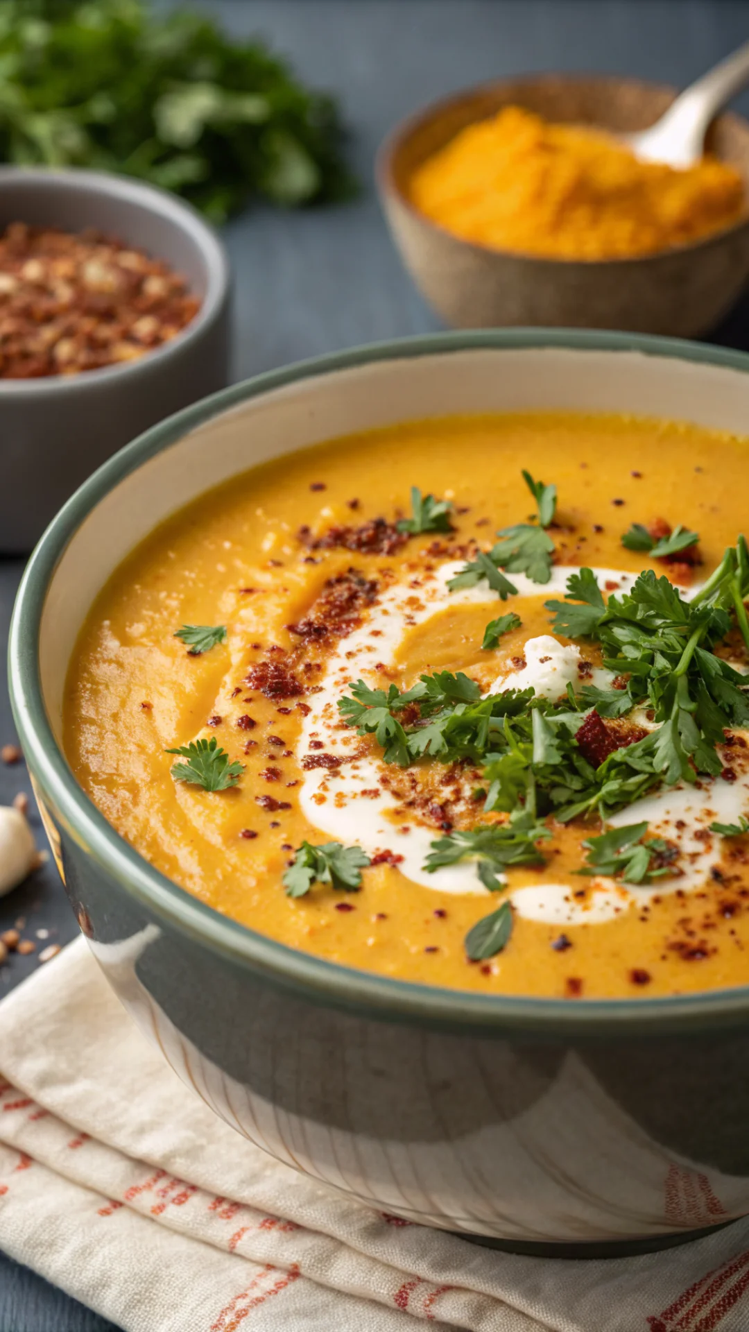 Close-up vertical portrait of creamy red lentil coconut milk soup in a deep bowl, golden turmeric color, fresh herbs on top,
