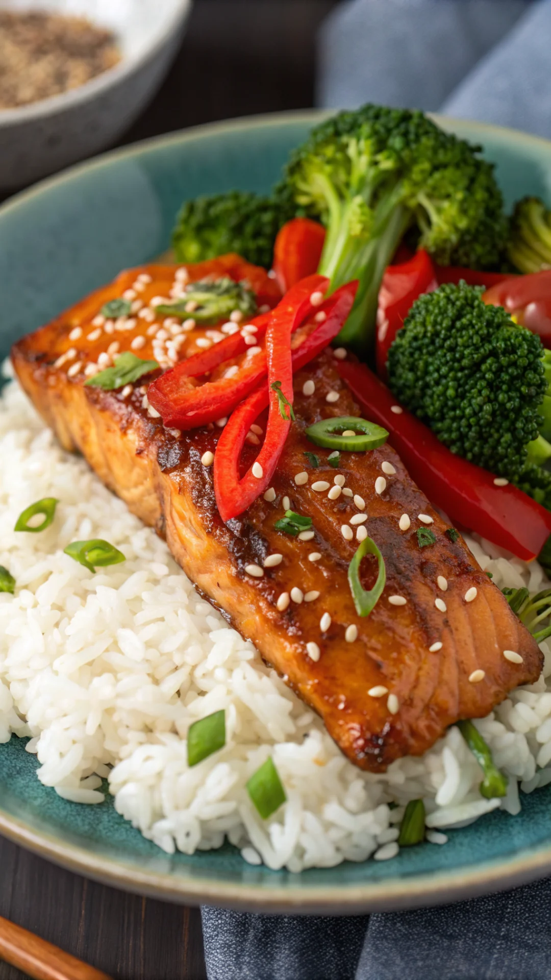 Close-up vertical portrait of glazed teriyaki salmon fillet with stir-fried broccoli and red pepper on white rice, sesame see