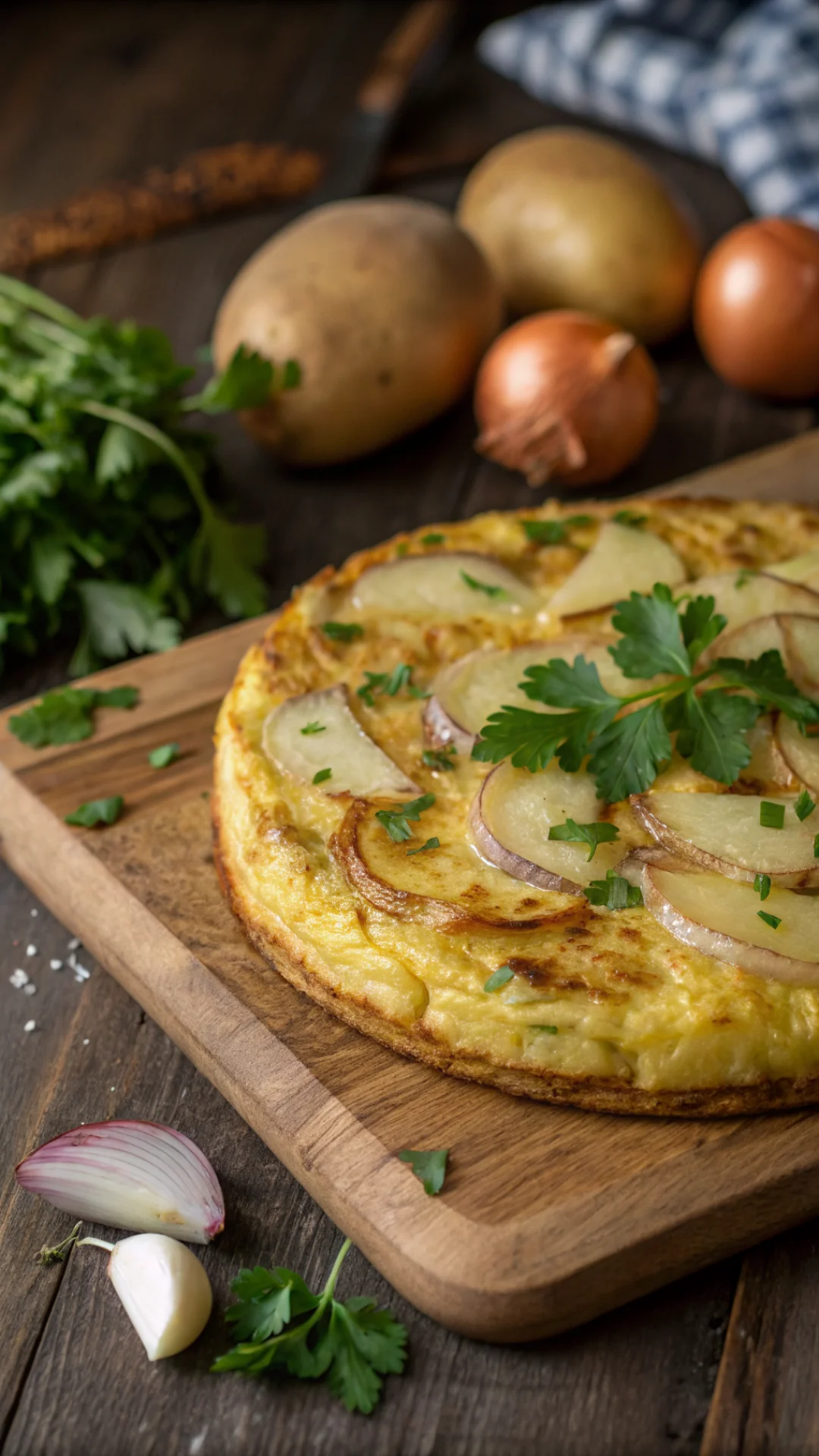 Close-up vertical portrait of golden Spanish tortilla omelette with potatoes and onions, fresh parsley garnish, rustic wooden