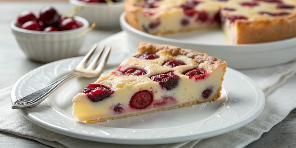 Close-up view of a slice of cherry clafoutis on a white plate, showing the creamy custard texture with embedded cherries, a f