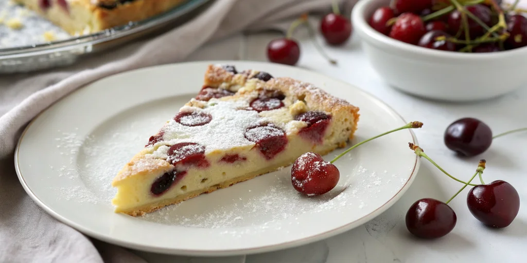 Close-up view of a slice of healthy cherry clafoutis on a white plate, showing the tender custard-like texture with whole che