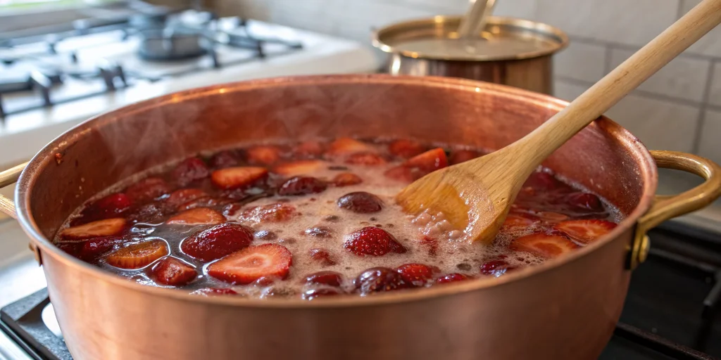 Close-up view of strawberry jam cooking in a large copper or stainless steel pot, bubbling hot jam with visible strawberry pi