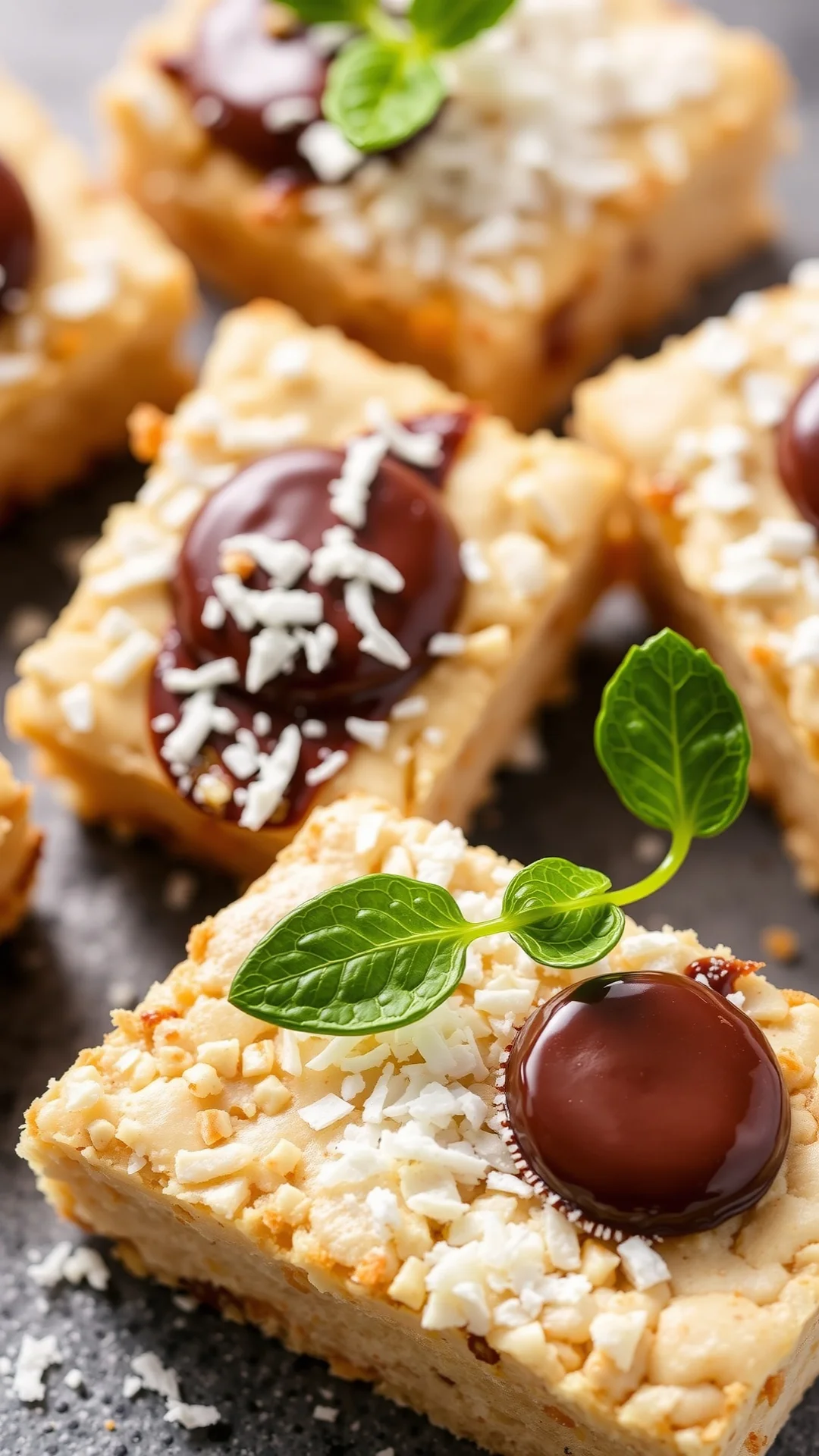 Coconut and dark chocolate shortbread bar with dual topping, gourmet presentation, textured surface details, professional foo