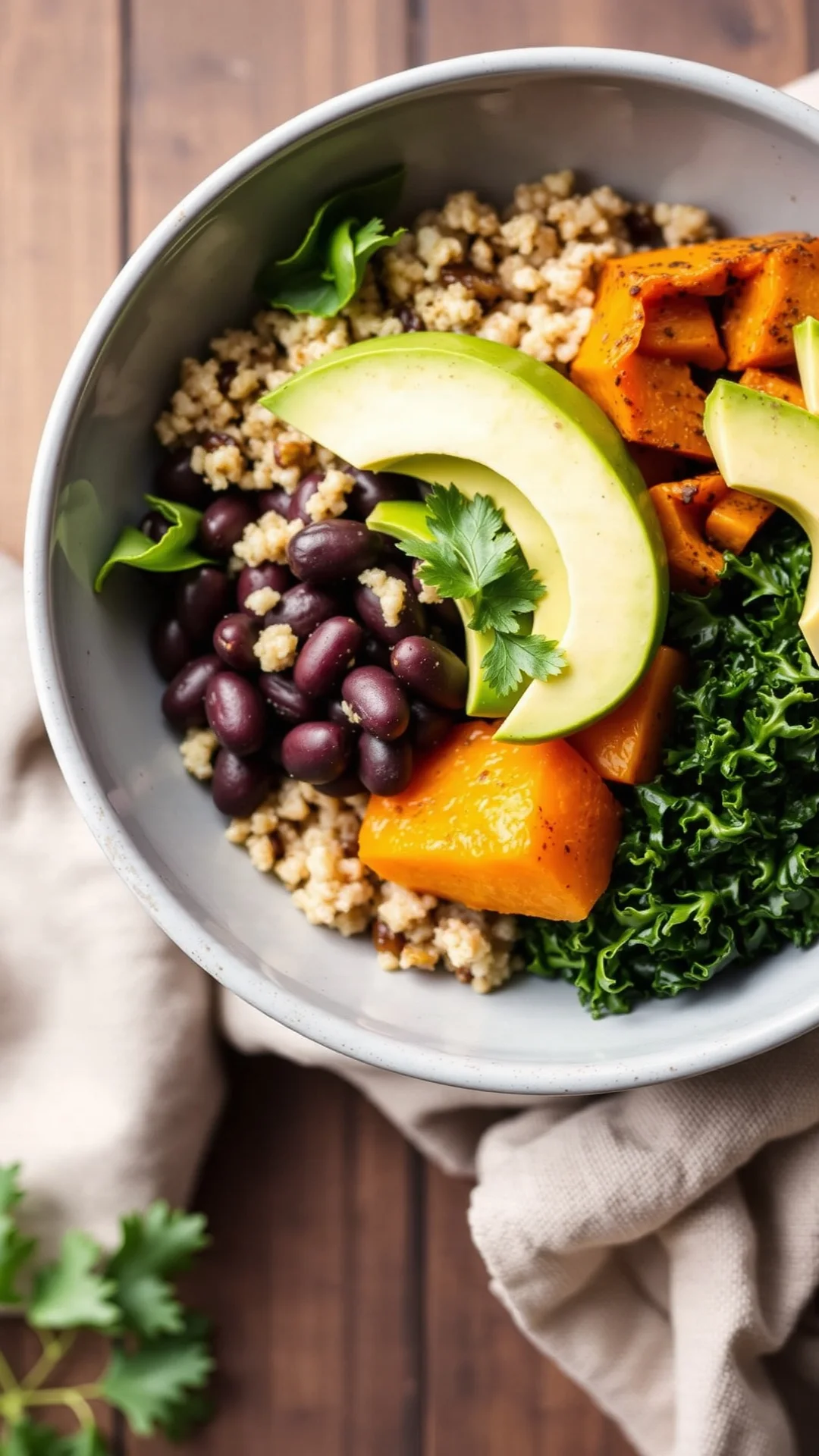 Colorful Buddha bowl black beans quinoa roasted pumpkin kale avocado nutritious vegetarian meal