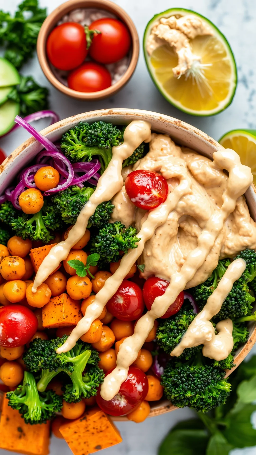 Colorful Buddha bowl overhead with roasted sweet potatoes, chickpeas, broccoli, cherry tomatoes and creamy hummus drizzle, vi
