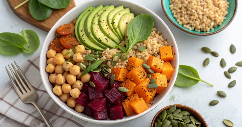 Colorful healthy vegetarian Buddha bowl with quinoa, roasted butternut squash, chickpeas, beets, avocado, fresh spinach, pump