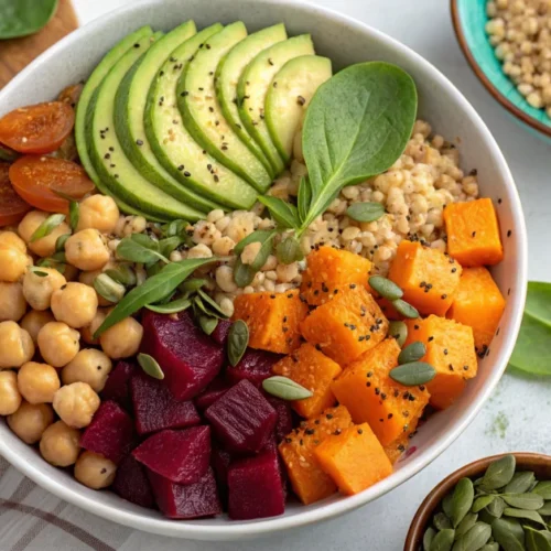 Colorful healthy vegetarian Buddha bowl with quinoa, roasted butternut squash, chickpeas, beets, avocado, fresh spinach, pump