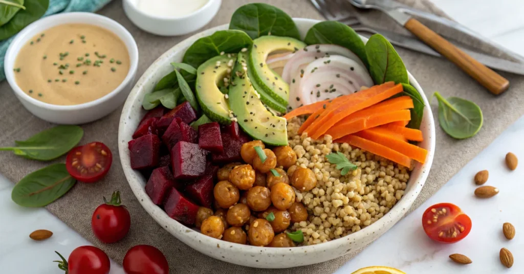 Colorful vegetarian Buddha bowl with quinoa, roasted chickpeas, fresh spinach, roasted beets, shredded carrots, avocado slice