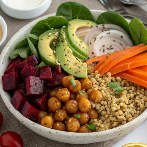 Colorful vegetarian Buddha bowl with quinoa, roasted chickpeas, fresh spinach, roasted beets, shredded carrots, avocado slice