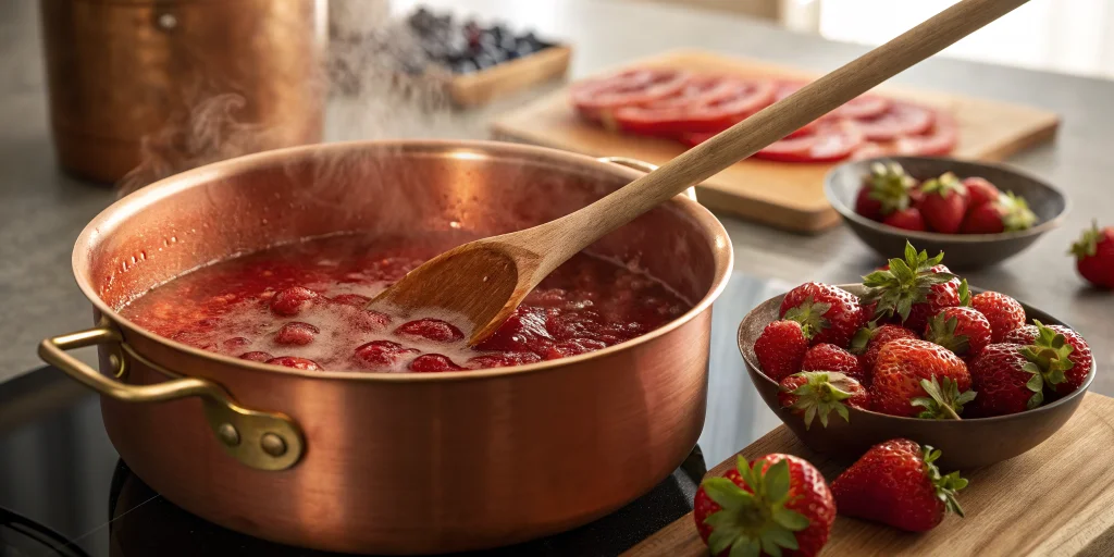 Cooking process of strawberry jam in copper pot, bubbling red mixture with agar-agar being stirred in, steam rising, wooden s