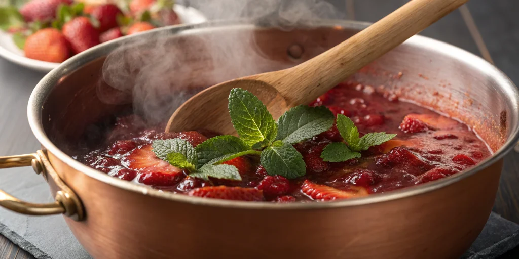 Cooking process of strawberry mint jam in copper pot, bubbling red jam mixture with fresh mint leaves being added, steam risi