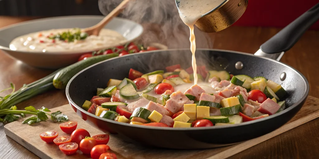 Cooking process shot of vegetables and ham being sautéed in a large pan with cream sauce, colorful ingredients like diced zu