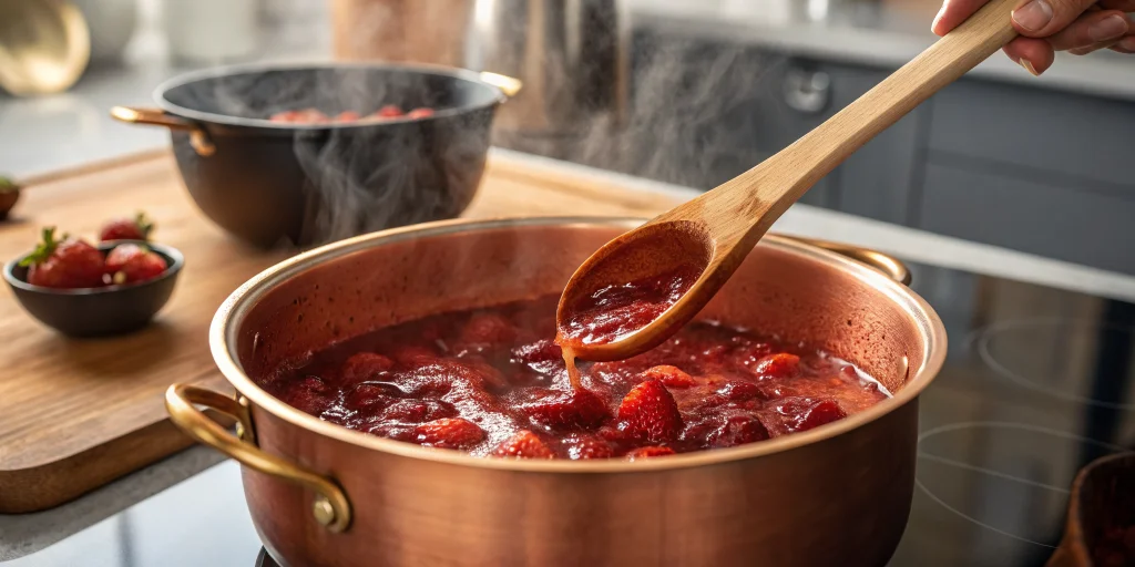 Cooking strawberry jam in copper pot, bubbling red jam with wooden spoon stirring, steam rising, kitchen stove setting, actio