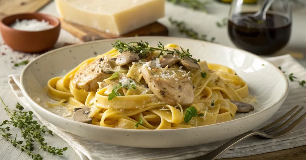 Creamy mushroom and chicken pasta dish, golden fettuccine noodles with rich sauce, fresh thyme garnish, parmesan cheese, eleg