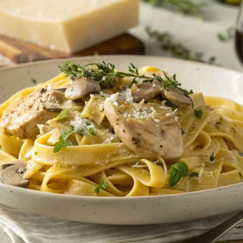 Creamy mushroom and chicken pasta dish, golden fettuccine noodles with rich sauce, fresh thyme garnish, parmesan cheese, eleg