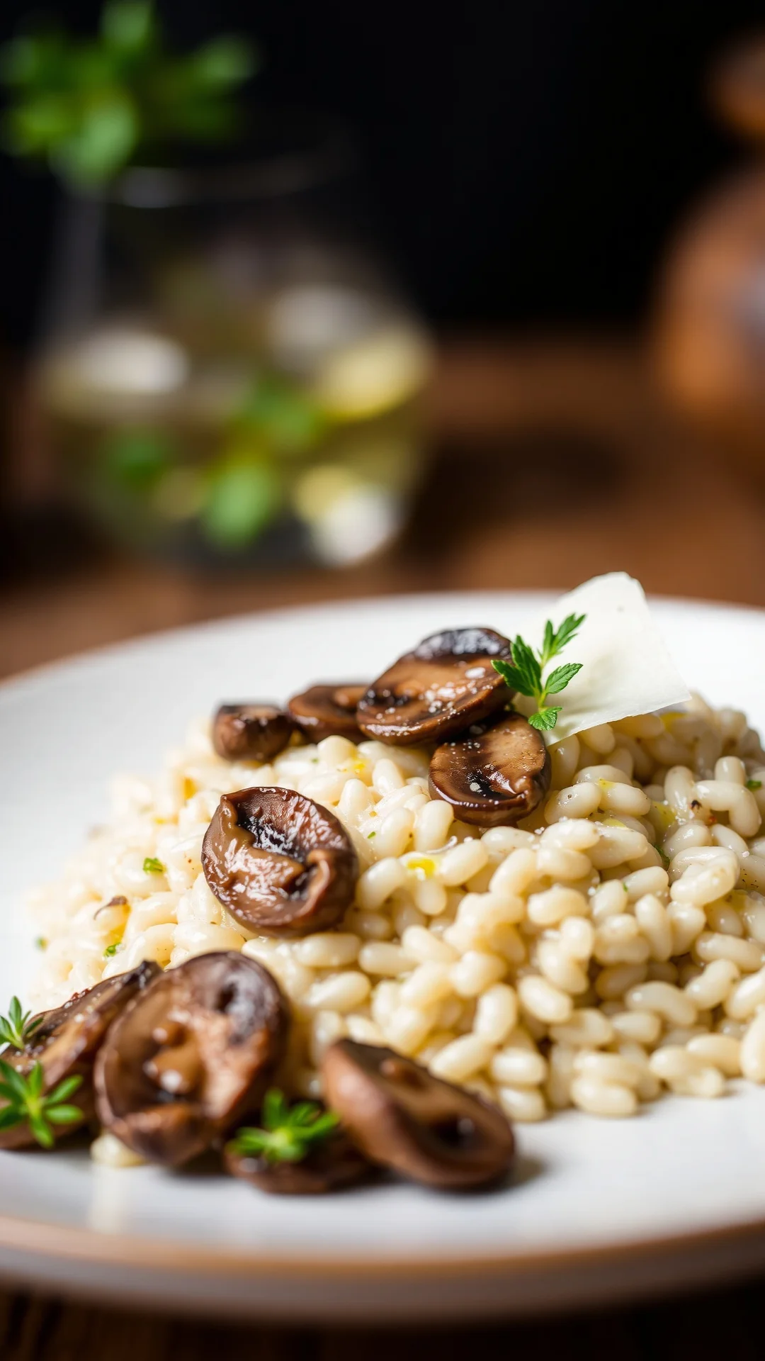 Creamy mushroom risotto with truffle oil garnish and parmesan cheese, luxurious Italian rice dish, shallow depth of field, el