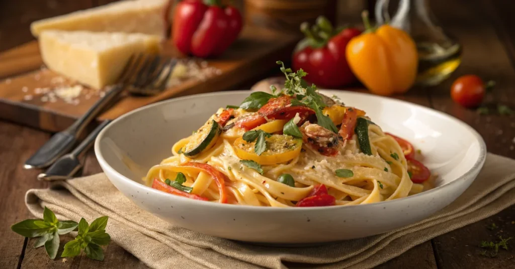 Creamy pasta with colorful vegetables, fresh herbs, appetizing Italian-style dinner on rustic wooden table, warm professional