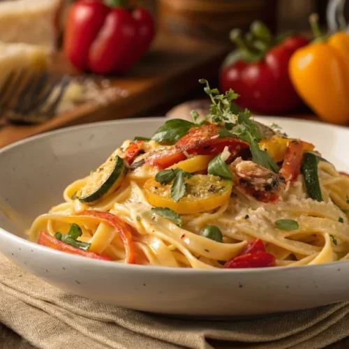 Creamy pasta with colorful vegetables, fresh herbs, appetizing Italian-style dinner on rustic wooden table, warm professional