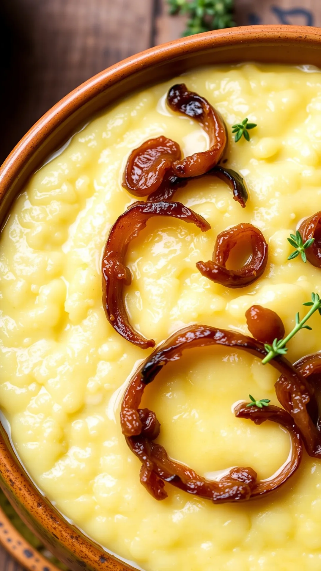 Creamy polenta topped with caramelized onions, rustic Italian style, warm bowl, olive oil, fresh thyme, comfort food photogra