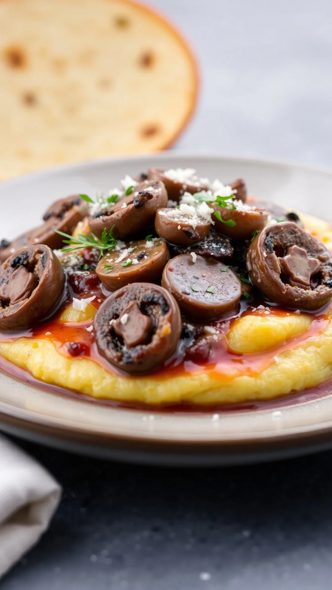Creamy polenta topped with sautéed wild mushrooms, rich sauce, garnished with cheese, comforting Italian cuisine presentatio