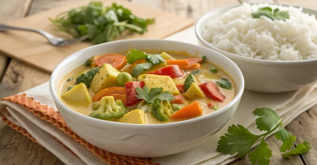 Creamy vegetarian curry with fresh colorful vegetables, coconut milk sauce, served in white bowl with rice and coriander garn