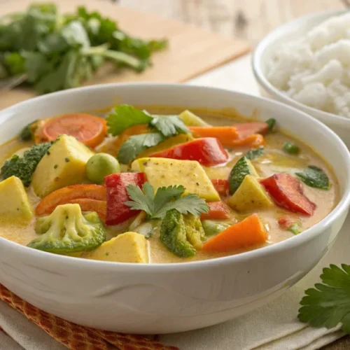Creamy vegetarian curry with fresh colorful vegetables, coconut milk sauce, served in white bowl with rice and coriander garn