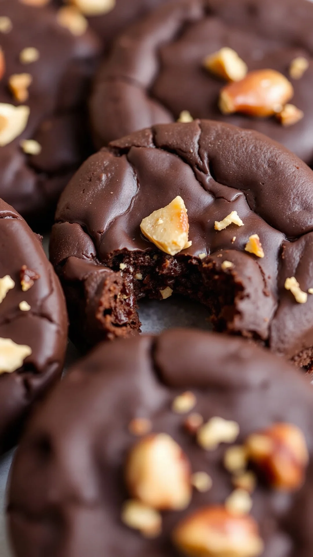 Dark chocolate hazelnut shortbread cookies, close-up showing crispy texture, topped with crushed hazelnuts, professional food