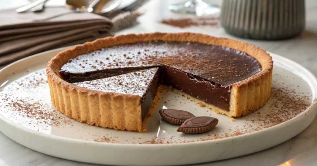 Decadent chocolate fondant tart with crispy sablee base, cross-section showing melted chocolate center, elegant plating, dust