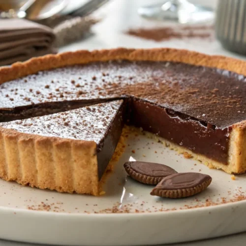 Decadent chocolate fondant tart with crispy sablee base, cross-section showing melted chocolate center, elegant plating, dust