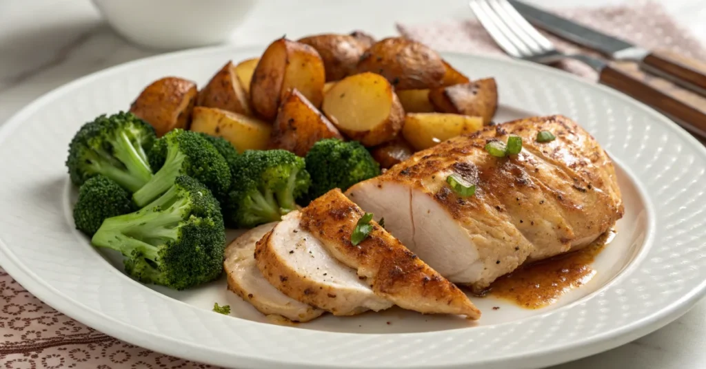 Delicious baked chicken dinner with roasted potatoes and fresh broccoli on white plate, professional food photography, appeti