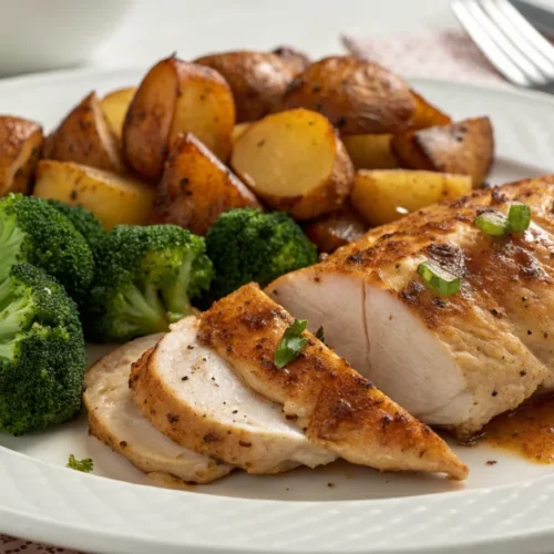 Delicious baked chicken dinner with roasted potatoes and fresh broccoli on white plate, professional food photography, appeti