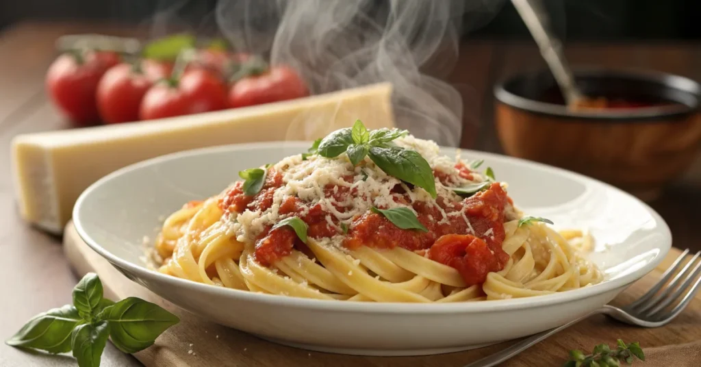 Delicious Italian pasta with fresh tomato sauce, garnished with parmesan cheese and basil, steaming hot family dinner on whit