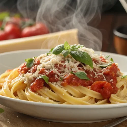 Delicious Italian pasta with fresh tomato sauce, garnished with parmesan cheese and basil, steaming hot family dinner on whit