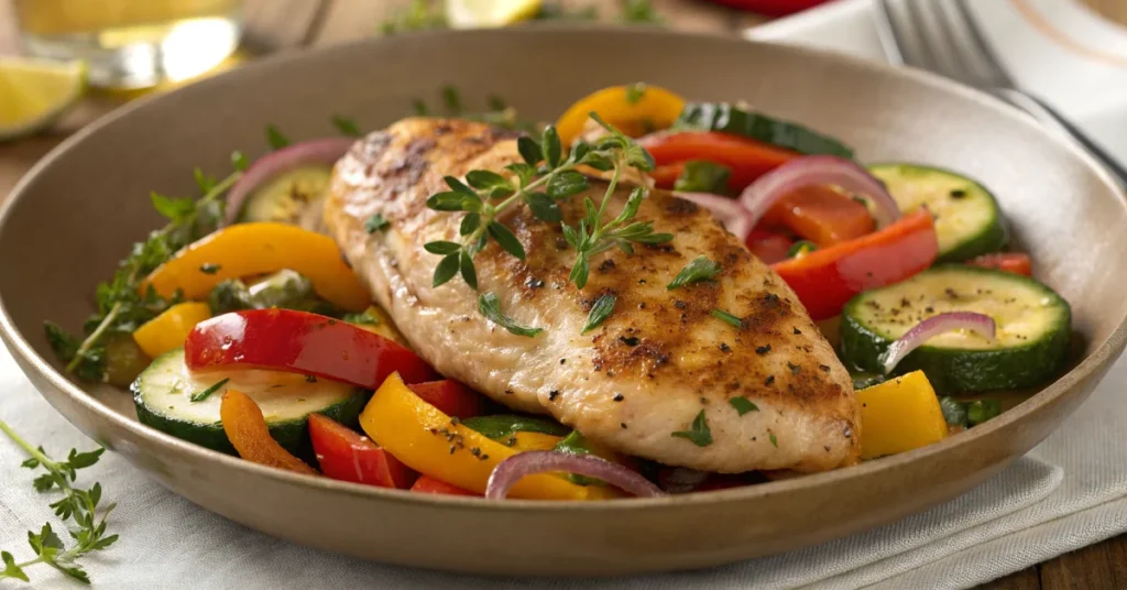 Delicious pan-seared chicken with colorful bell peppers, zucchini and onions, golden and appetizing, fresh herbs garnish, pro