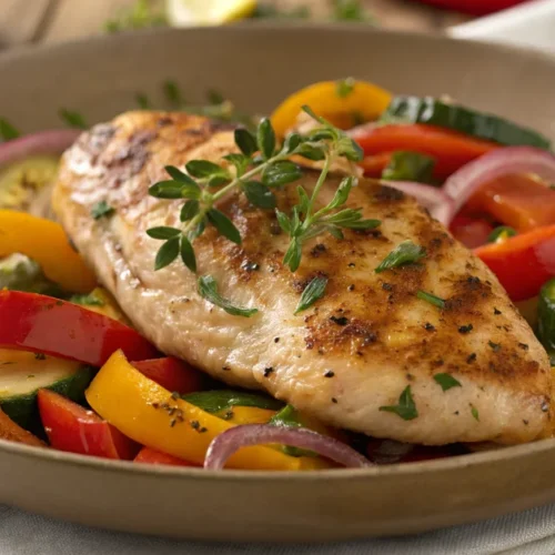 Delicious pan-seared chicken with colorful bell peppers, zucchini and onions, golden and appetizing, fresh herbs garnish, pro