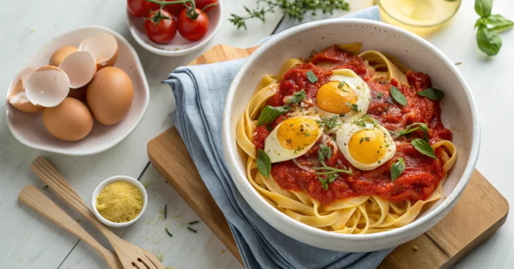 Delicious pasta with fresh tomato sauce and cracked eggs on top, served in white ceramic bowl, overhead food photography, vib