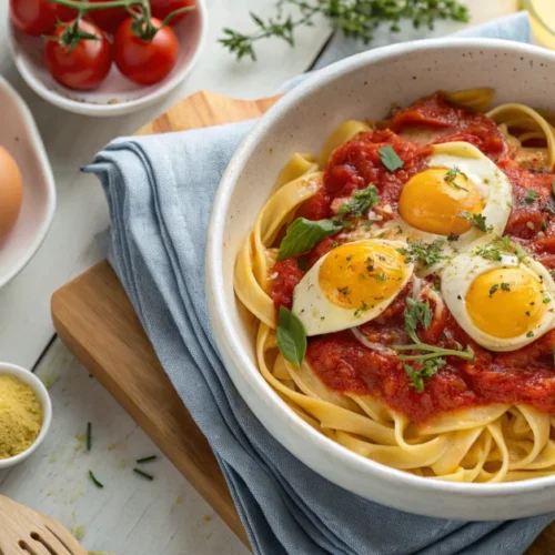Delicious pasta with fresh tomato sauce and cracked eggs on top, served in white ceramic bowl, overhead food photography, vib