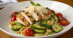 Delicious pasta with grilled chicken, fresh zucchini, cherry tomatoes, vibrant green vegetables, garnished with grated parmes