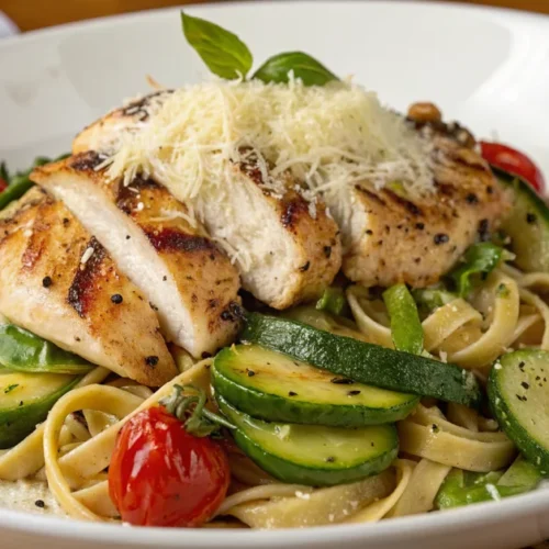 Delicious pasta with grilled chicken, fresh zucchini, cherry tomatoes, vibrant green vegetables, garnished with grated parmes