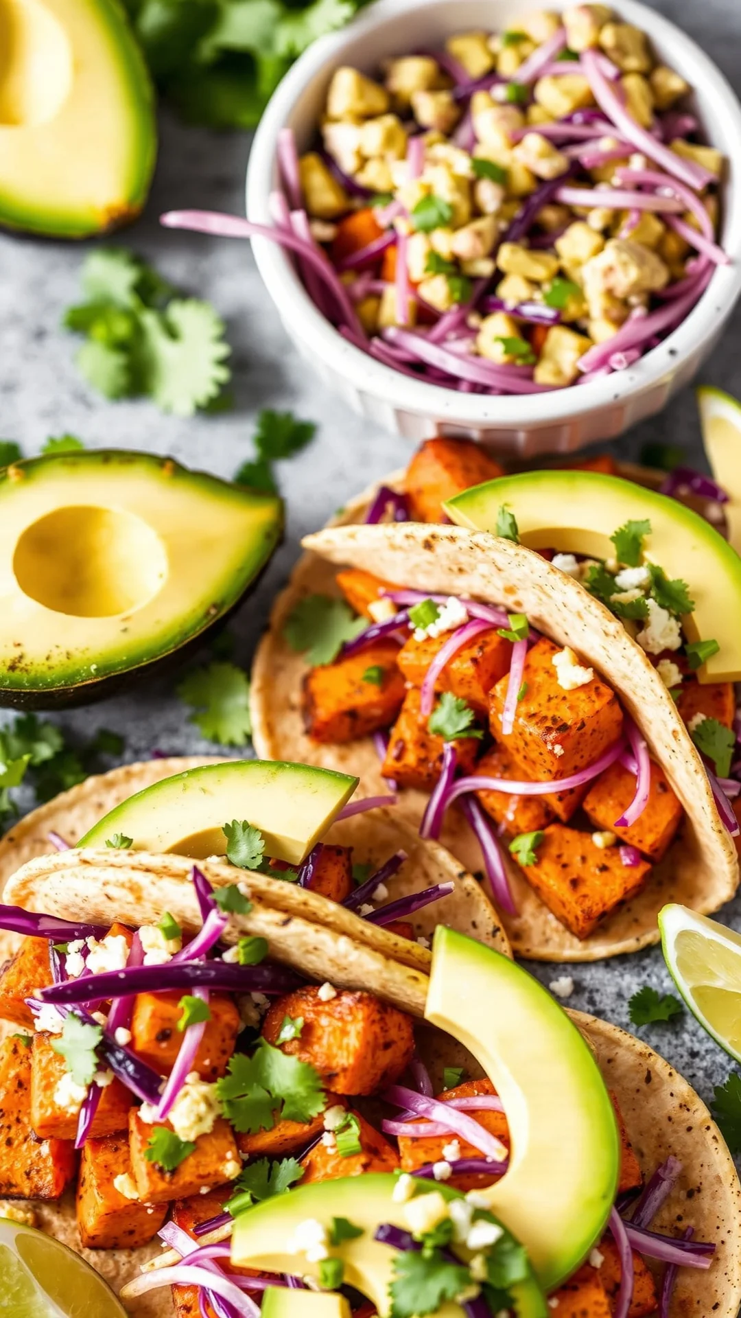 Delicious roasted sweet potato tacos with avocado, red cabbage, fresh toppings, colorful composition, appetizing Mexican food