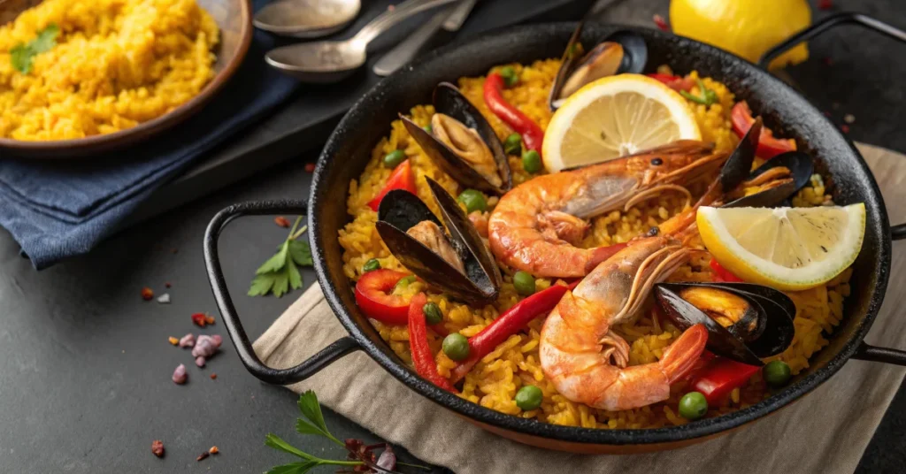 Delicious Spanish paella with saffron rice, shrimp, mussels, red and yellow bell peppers, fresh lemon, vibrant colors, restau