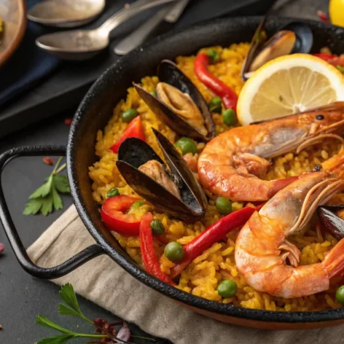 Delicious Spanish paella with saffron rice, shrimp, mussels, red and yellow bell peppers, fresh lemon, vibrant colors, restau