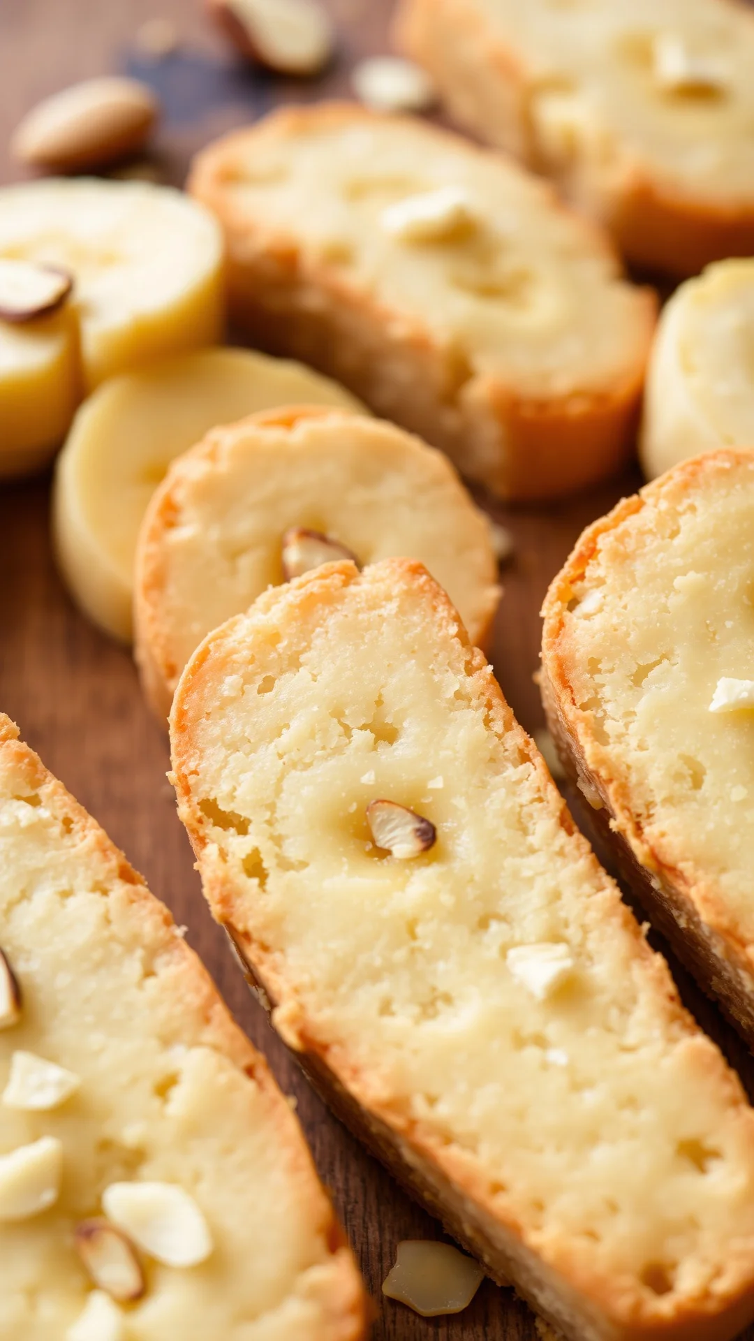Detailed close-up of sliced banana almond shortbread biscuits with flaked almonds on top, warm lighting, rustic wooden table